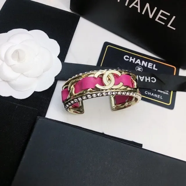 Chanel CC Cuff Pink Leather and Gold-Tone Crystal Bracelet 2