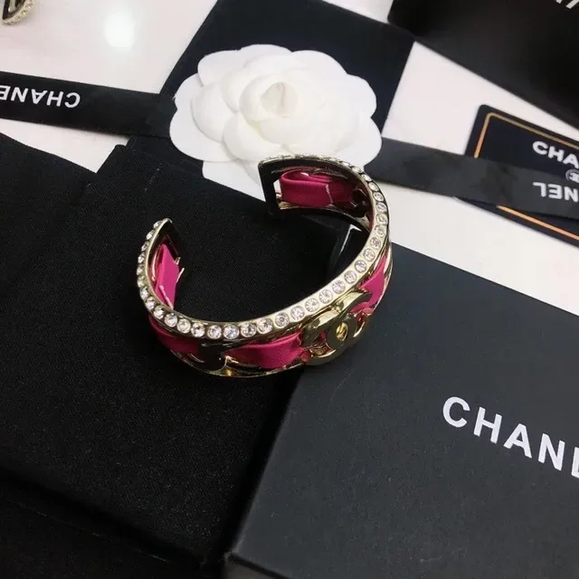 Chanel CC Cuff Pink Leather and Gold-Tone Crystal Bracelet 3