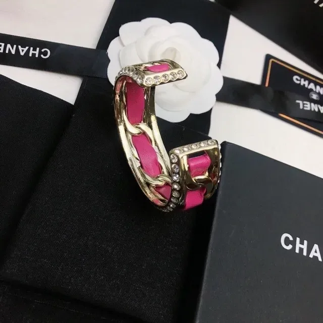 Chanel CC Cuff Pink Leather and Gold-Tone Crystal Bracelet 7