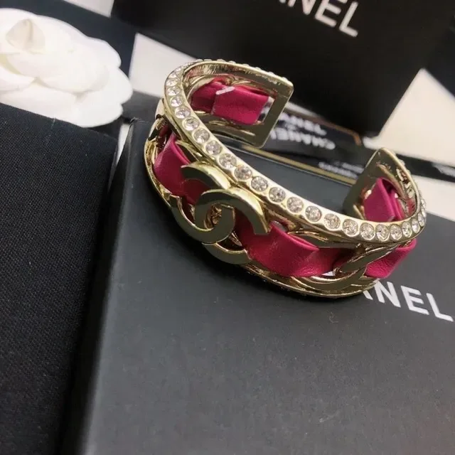 Chanel CC Cuff Pink Leather and Gold-Tone Crystal Bracelet 8