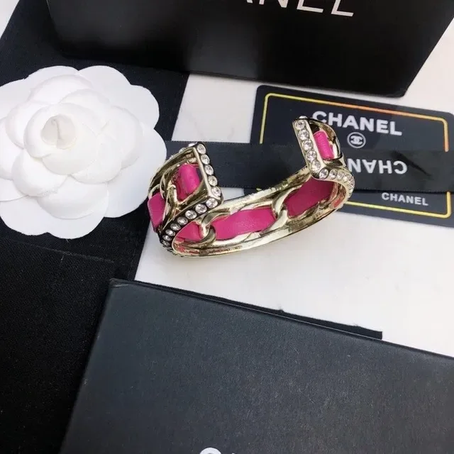 Chanel CC Cuff Pink Leather and Gold-Tone Crystal Bracelet 9