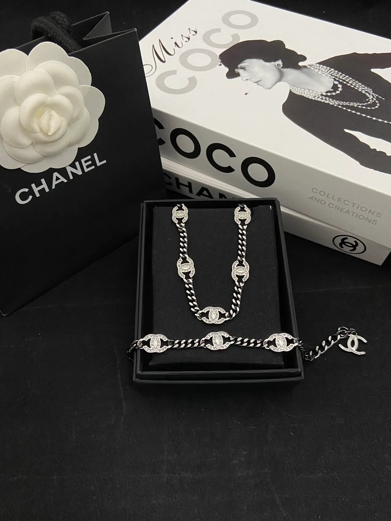 Chanel CC Link Silver Gold Interlocking Logo Links Pave Crystal Detailing Necklace 6