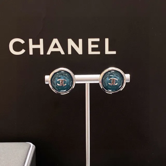Chanel CC Logo Stud Blue Silver Circular Enamel Face Earrings 3