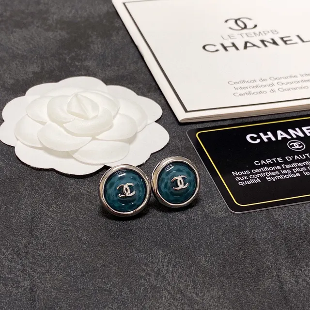 Chanel CC Logo Stud Blue Silver Circular Enamel Face Earrings 8
