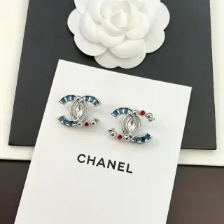 Chanel CC Aretes Plata Azul Interlocking Logo Cristal Central Marquise-Cut