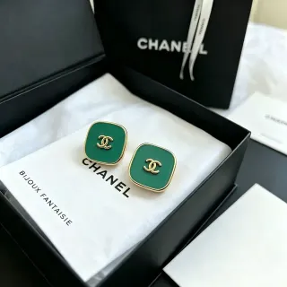 Chanel CC Square Pendientes de Esmalte Verde Dorado