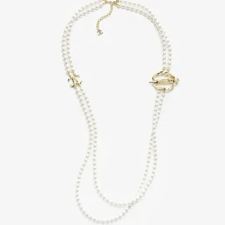 Chanel قلادة اللؤلؤ الكلاسيكية ذهب أبيض ذات سلسلتين