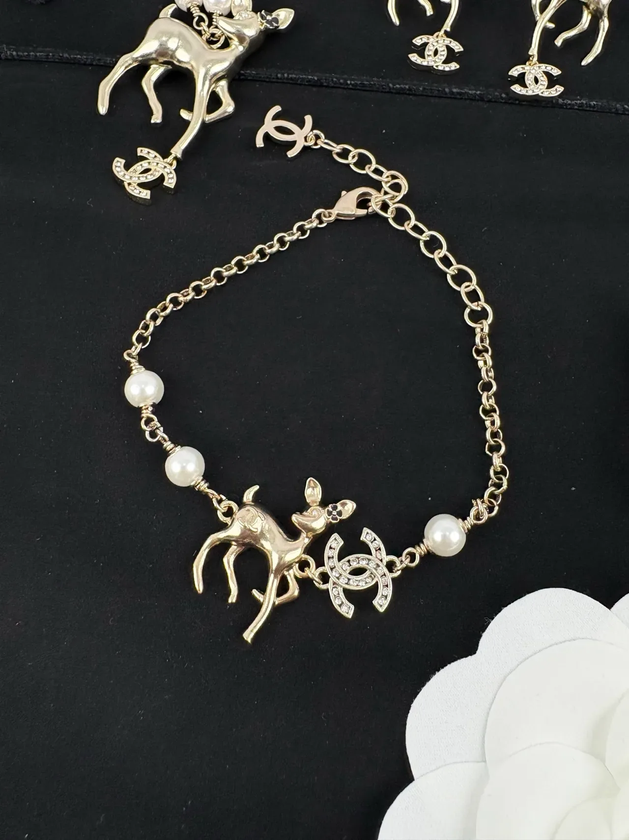Chanel Deer Charm Gold White Chain Pearl Accents Bracelet 3