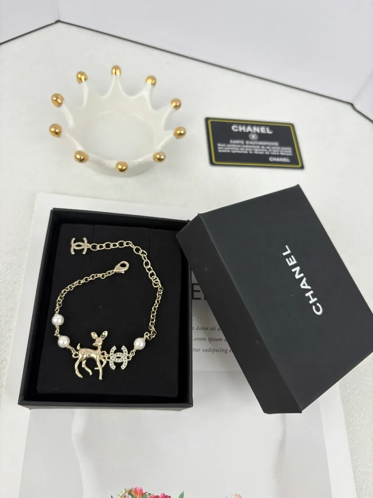 Chanel Deer Charm Gold White Chain Pearl Accents Bracelet 4