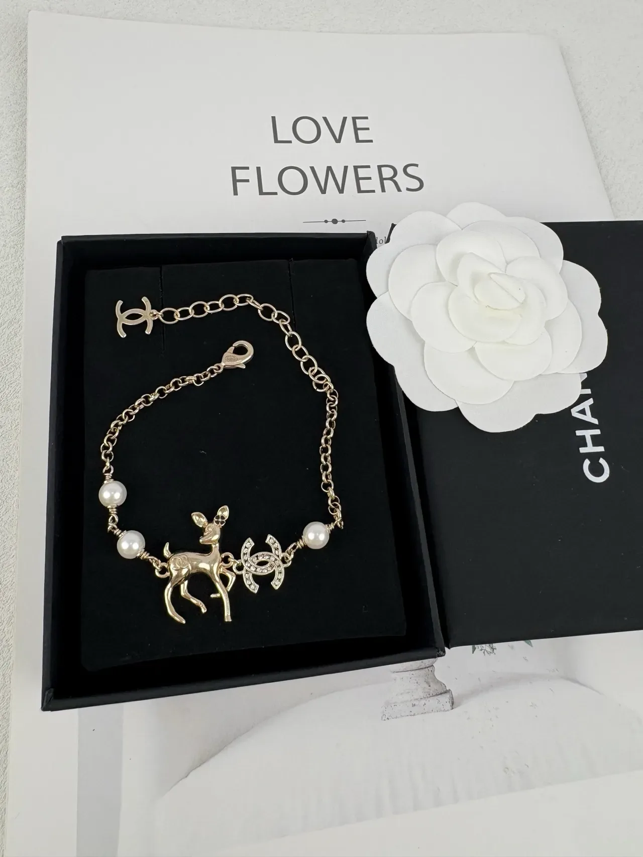 Chanel Deer Charm Gold White Chain Pearl Accents Bracelet 6