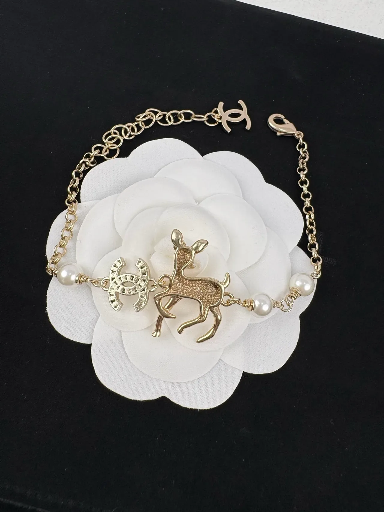 Chanel Deer Charm Gold White Chain Pearl Accents Bracelet 7
