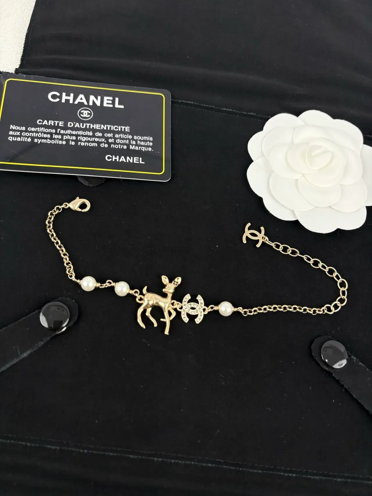 Chanel Deer Charm Gold White Chain Pearl Accents Bracelet 8