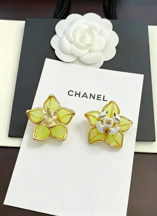 Chanel Floral Enamel Yellow and White Gold-Tone Stud Earrings 2