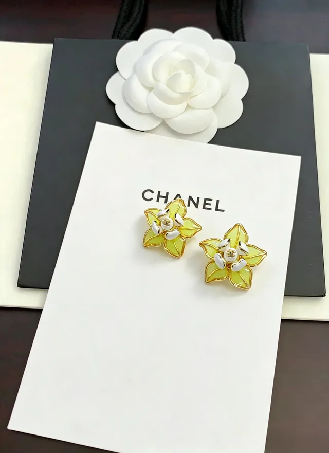 Chanel Floral Enamel Yellow and White Gold-Tone Stud Earrings 4