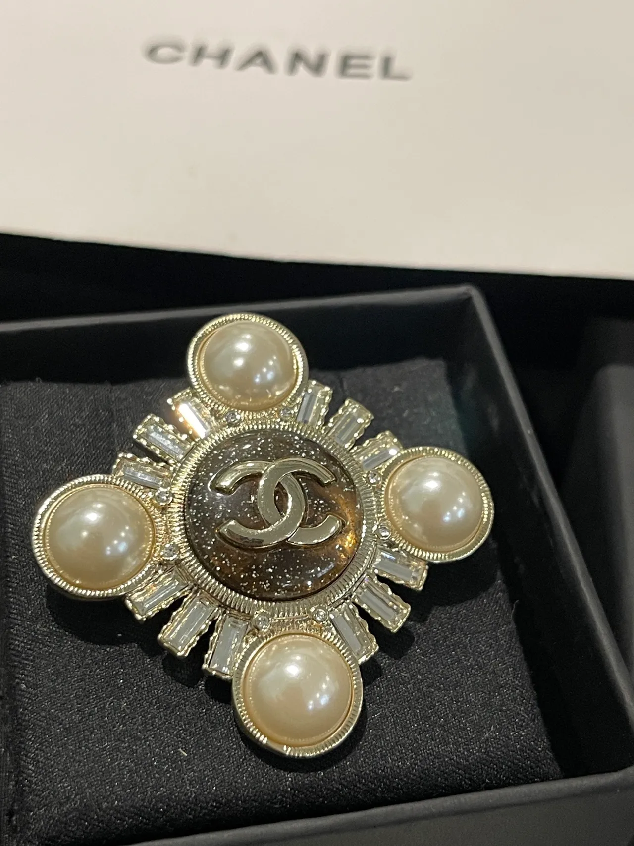 Chanel Gold Beige Cross-Shaped Pearl-Embellished Brooch 2
