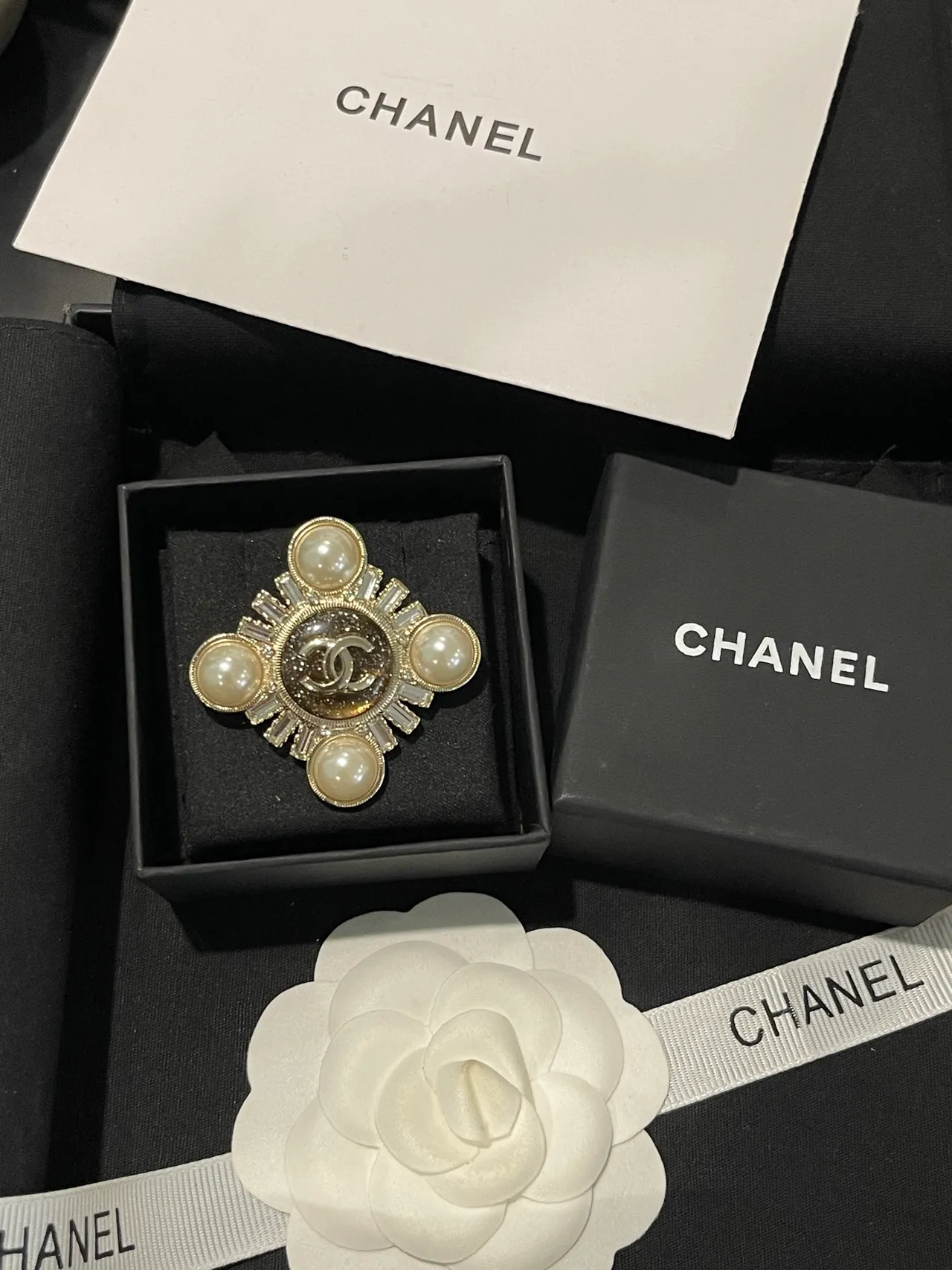 Chanel Gold Beige Cross-Shaped Pearl-Embellished Brooch 3