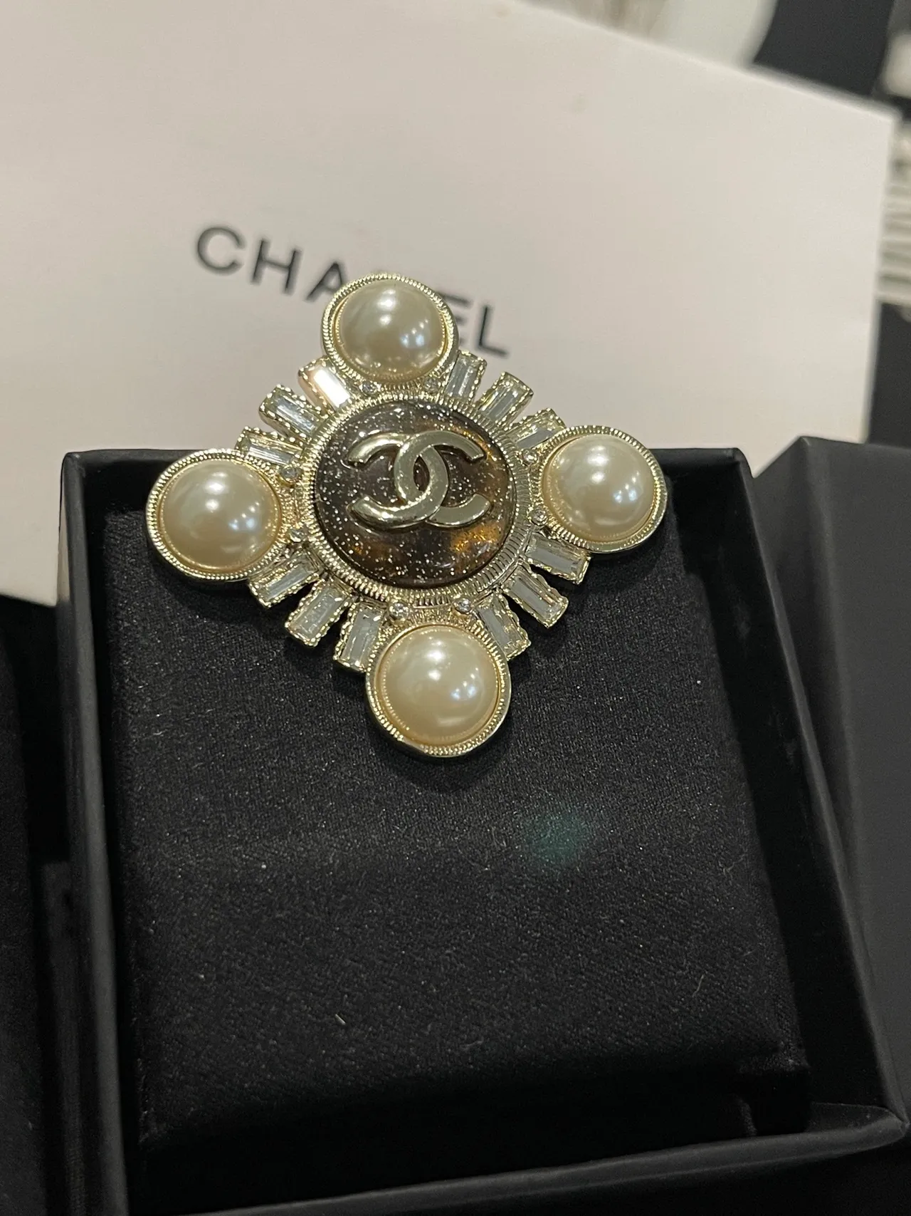 Chanel Gold Beige Cross-Shaped Pearl-Embellished Brooch 4