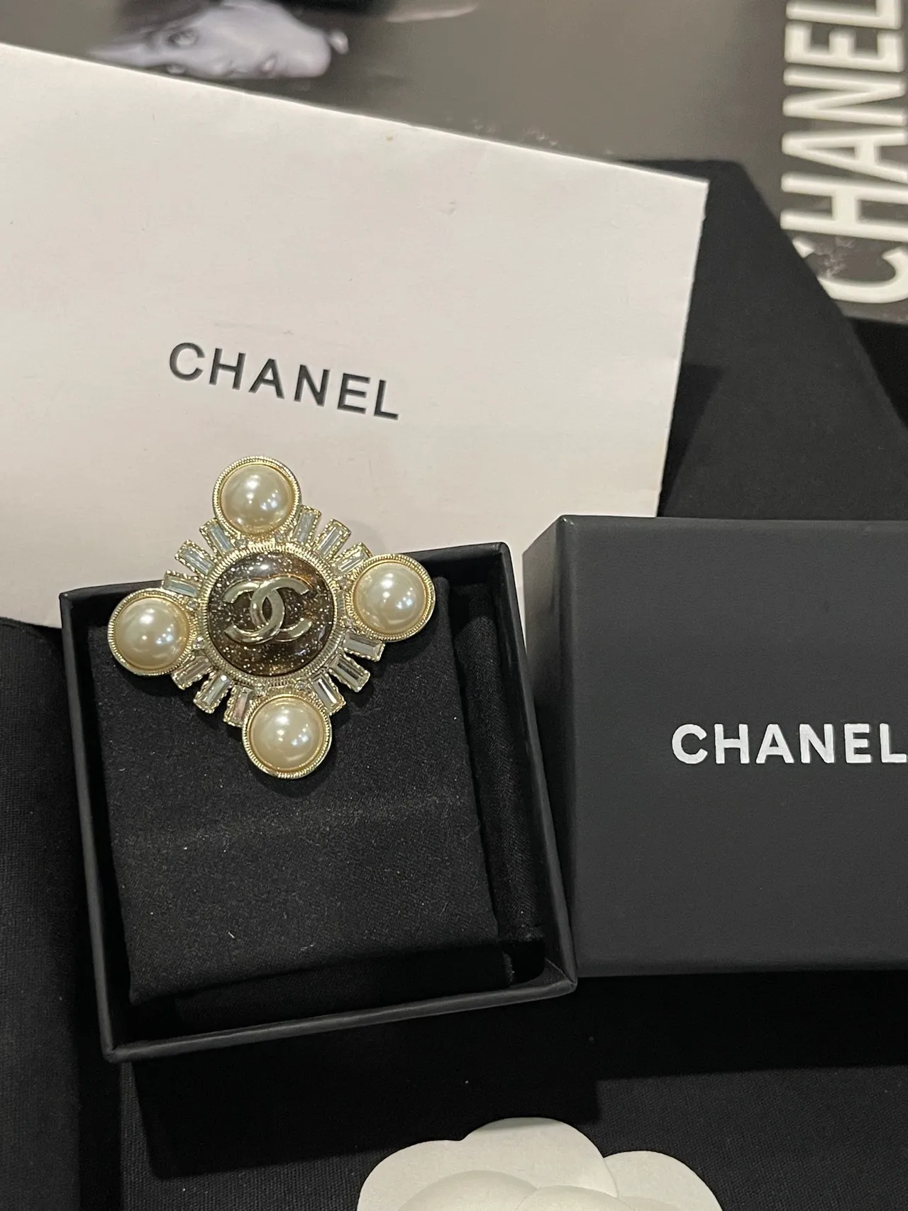Chanel Gold Beige Cross-Shaped Pearl-Embellished Brooch 5