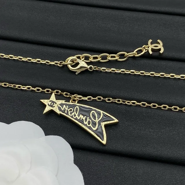Chanel Gold Black Chain Enamel Ribbon Pendant Necklace 2