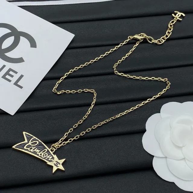 Chanel Gold Black Chain Enamel Ribbon Pendant Necklace 4