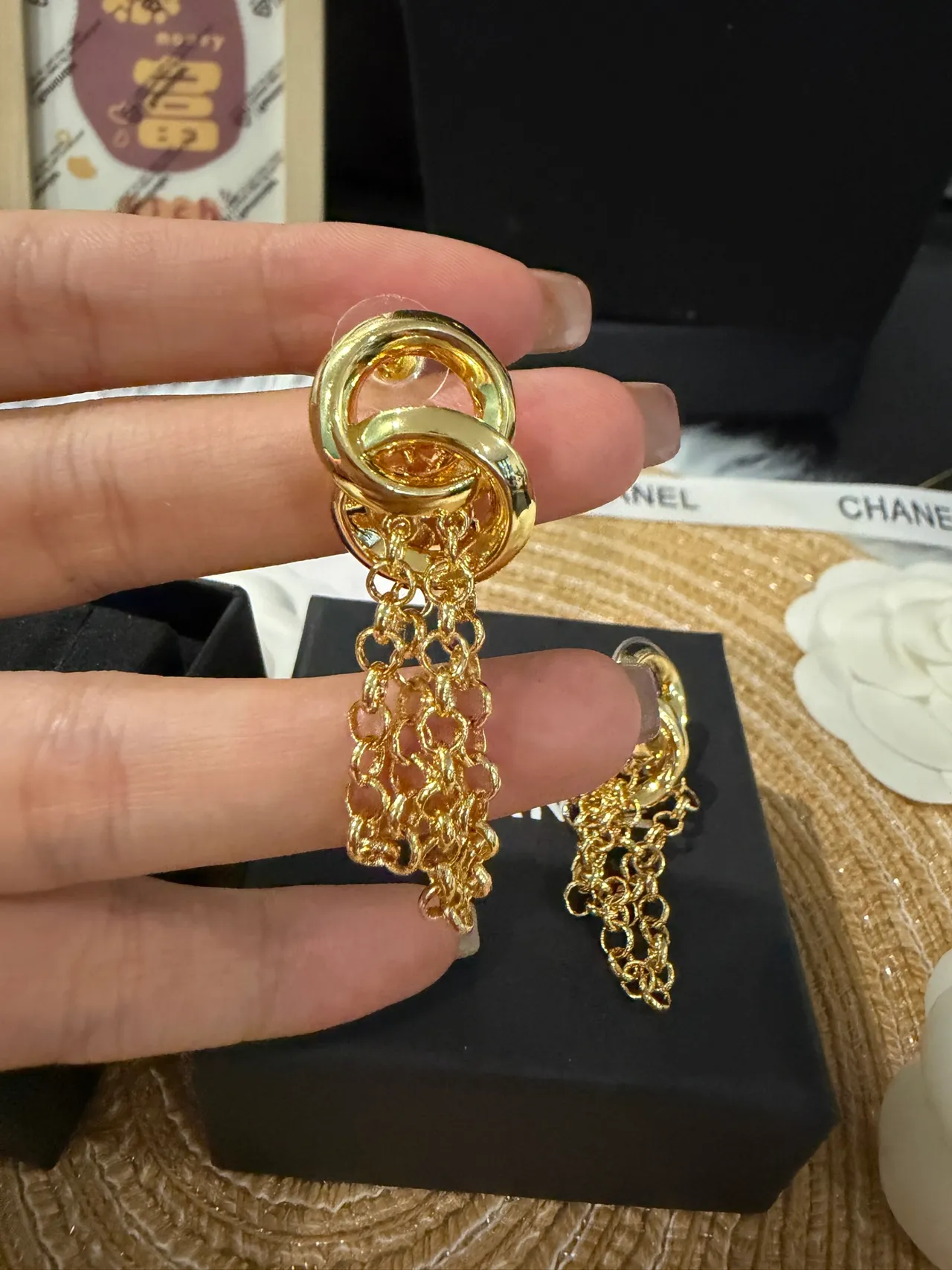 Chanel Gold Interlocking Double Rings Triple Chain Tassels Earrings 5