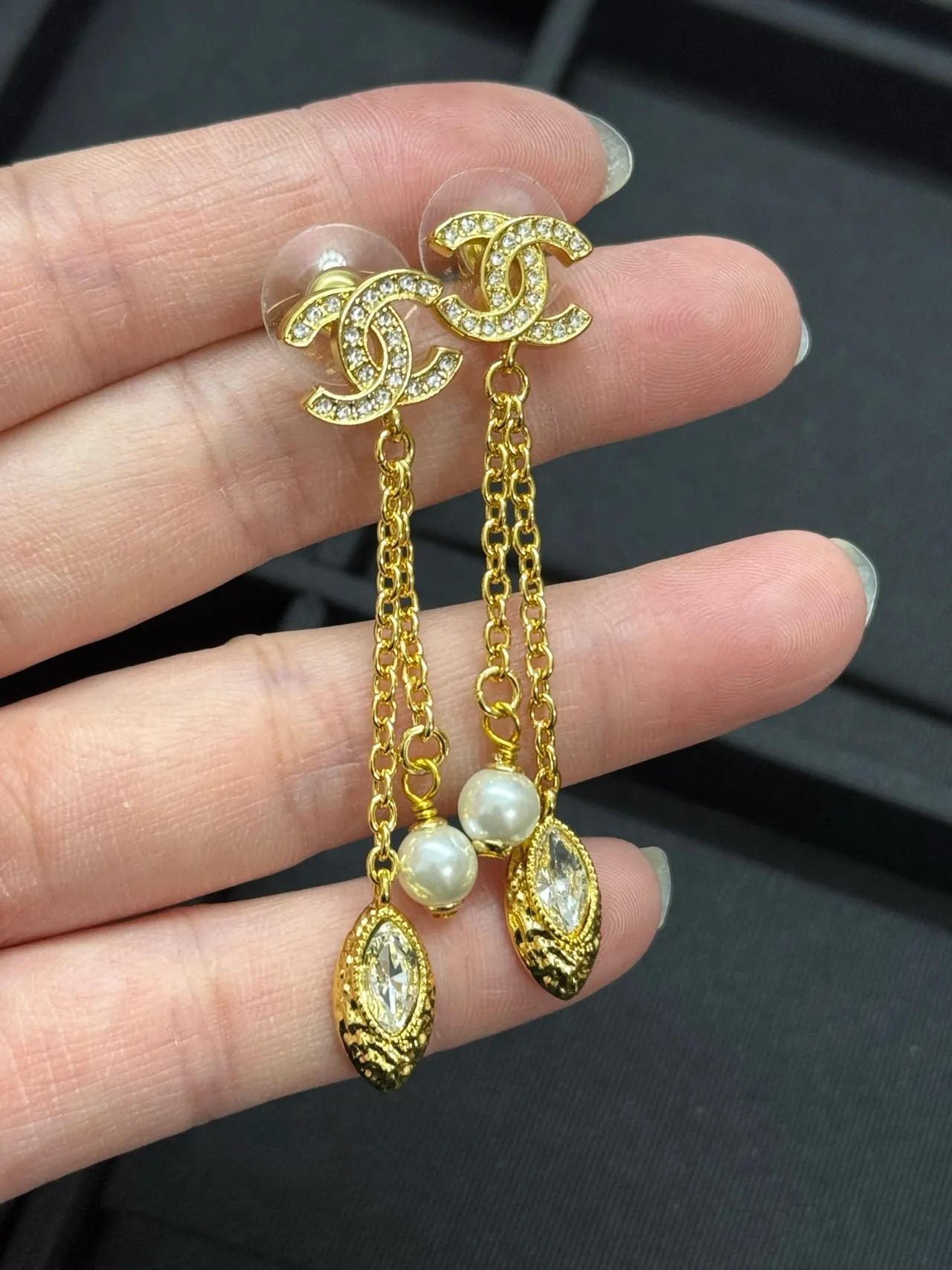 Chanel Gold White Interlocking CC Logo Dual Chain Drop Earrings 2