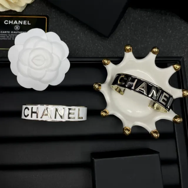 Chanel Logo Cuff Black White Enamel Raised Bracelet 5