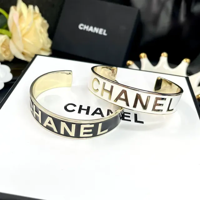 Chanel Logo Cuff Black White Enamel Raised Bracelet 8