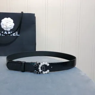Chanel حزام لؤلؤ وكريستال CC مشبك أسود أبيض جلد تمساح مطبوع