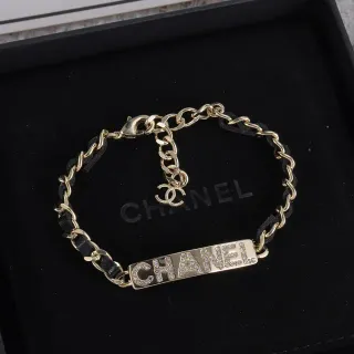 Chanel Plaque سوار ذهبي أسود سلسلة مرتبطة مشبكة جلدية مغلفة سوار
