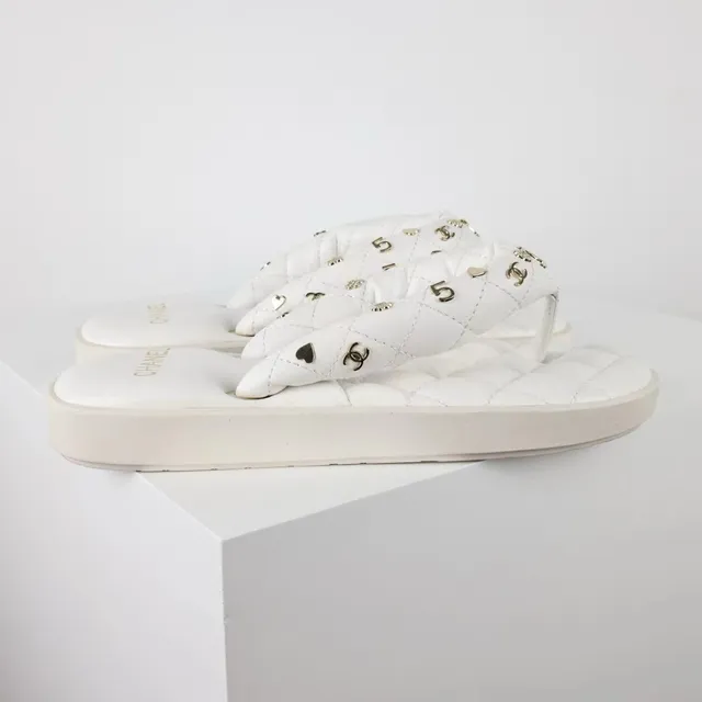 Chanel Quilted Metal-Studded White Thong Slippers 8