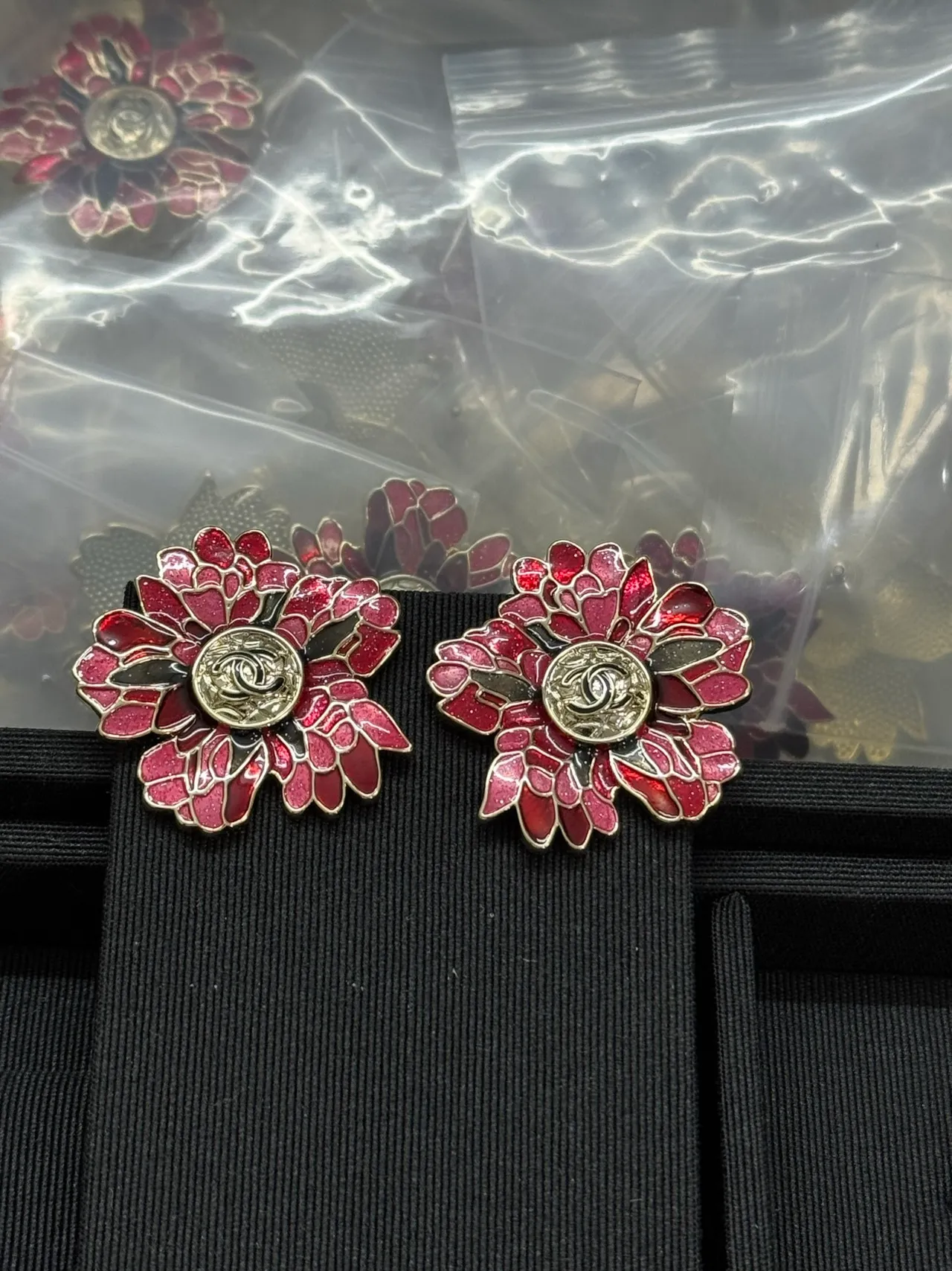 Chanel Red Gold Enamel Floral Glitter-Infused Earrings 8