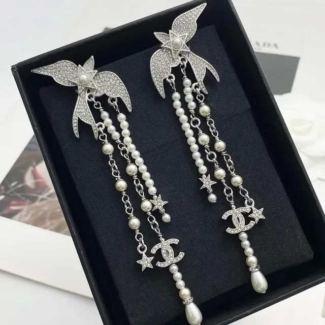 Chanel Silver White Crystal-Encrusted Bird-Top Multi-Strand Pearl Drop Earrings 6