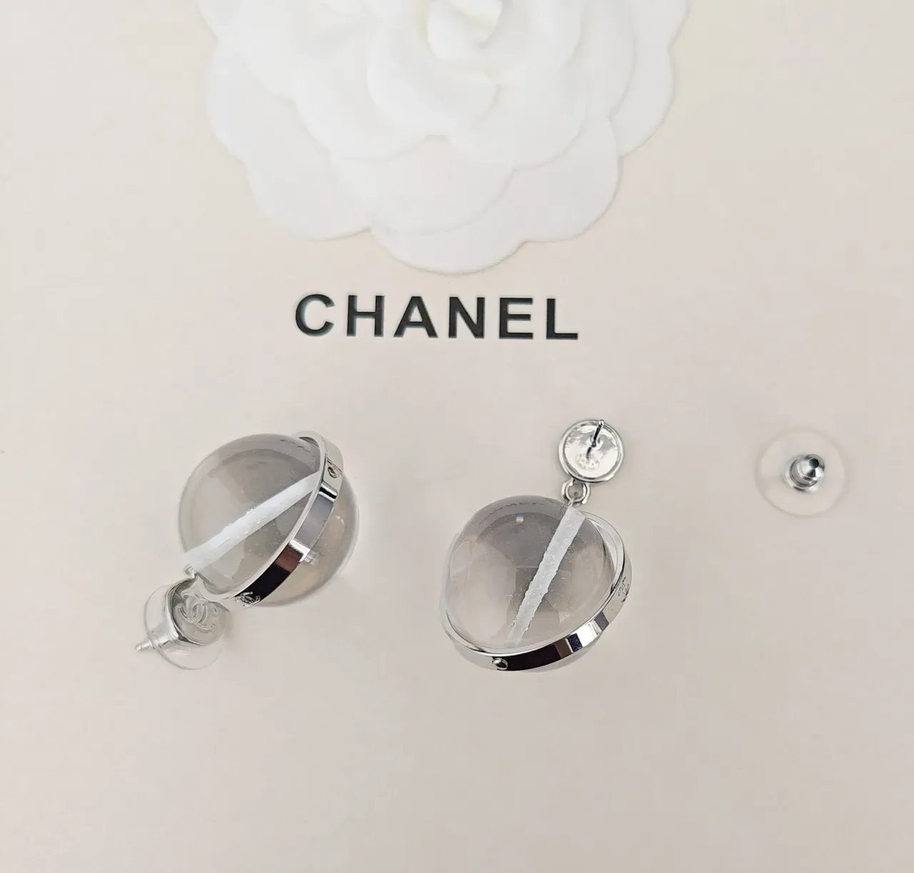 Chanel Spherical Transparent Resin and Silver-Tone Metal Stud Earrings 2