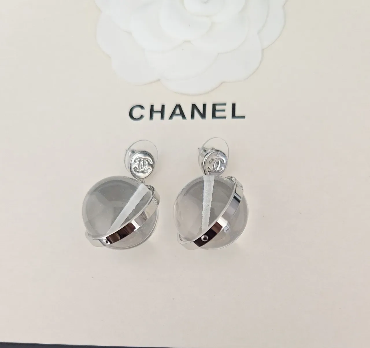 Chanel Spherical Transparent Resin and Silver-Tone Metal Stud Earrings 3