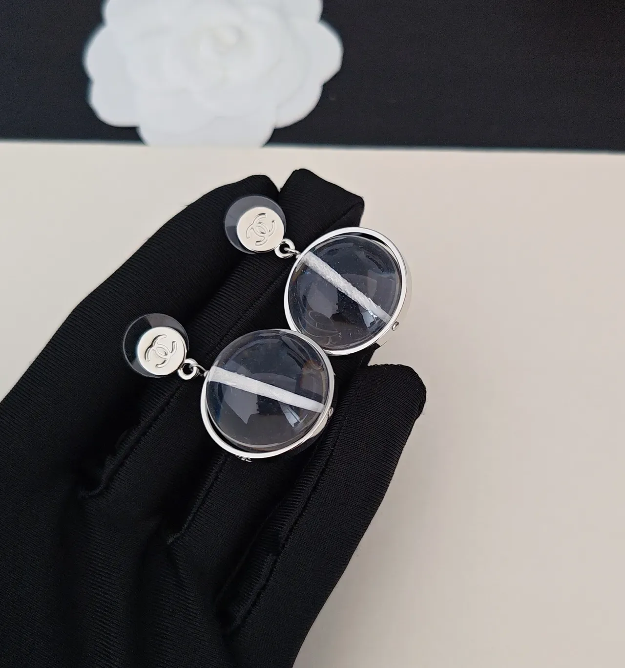 Chanel Spherical Transparent Resin and Silver-Tone Metal Stud Earrings 4