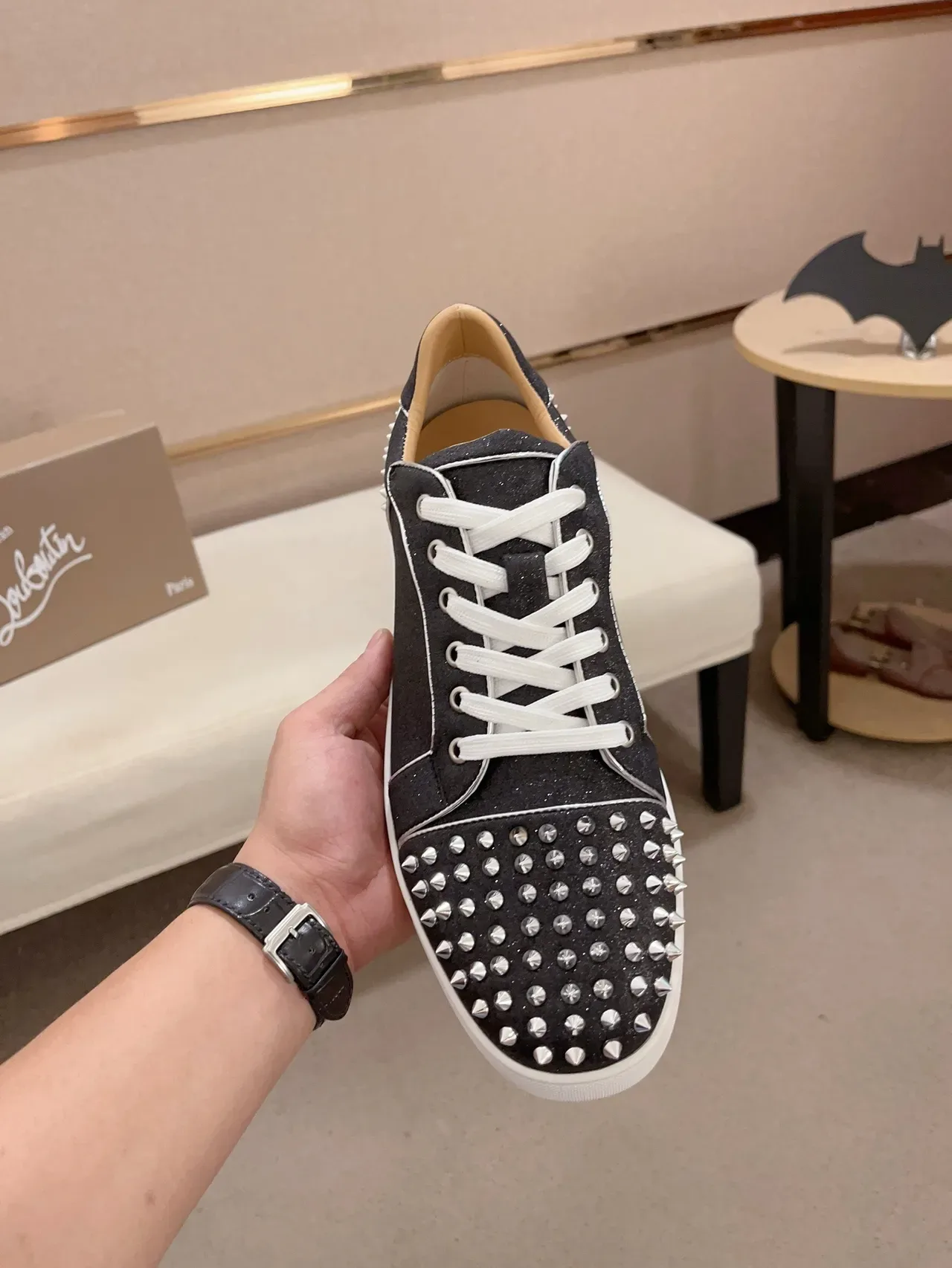 Christian Louboutin Studded Sneaker Black White Glitter Upper Conical Silver Studs Lifestyle Sneakers 5