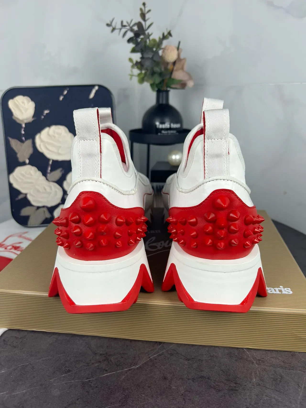 Christian Louboutin أبيض أحمر سيليب أون كعب مسمار لايف ستايل سنيكرز 5