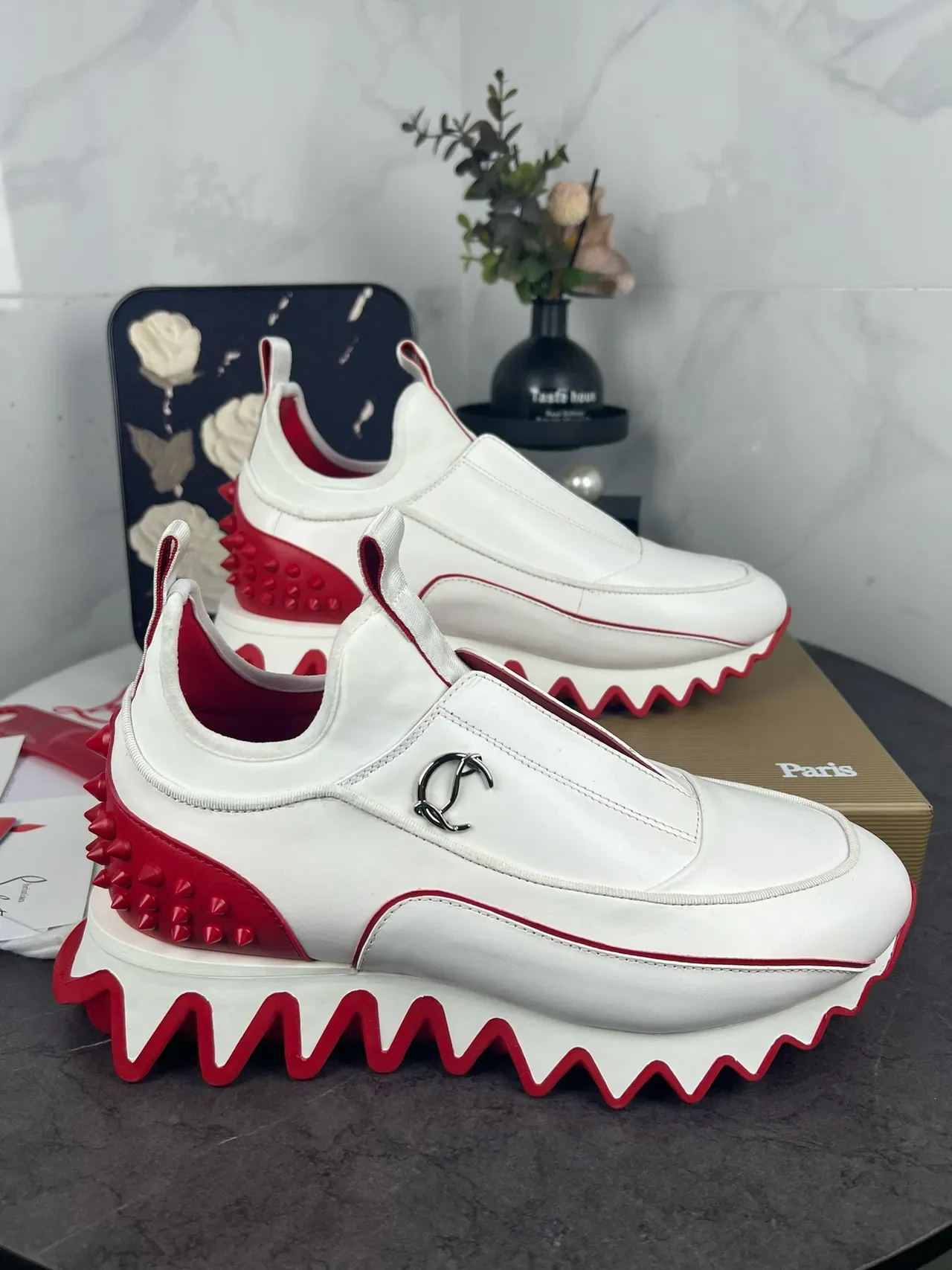 Christian Louboutin أبيض أحمر سيليب أون كعب مسمار لايف ستايل سنيكرز 7