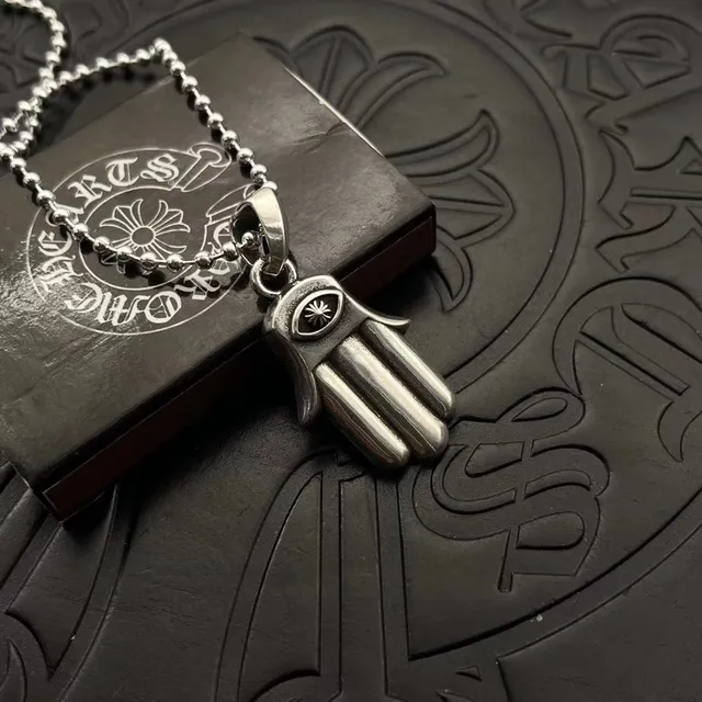 Chrome Hearts Hamsa Eye चाँदी काला हाथ पेंडेंट गेंद चेन हार 4