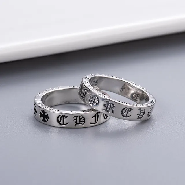 Chrome Hearts स्क्रिप्ट बैंड क्रॉस चांदी काला उकेरा माल्टीज़ मोटिफ्स अंगूठी 4