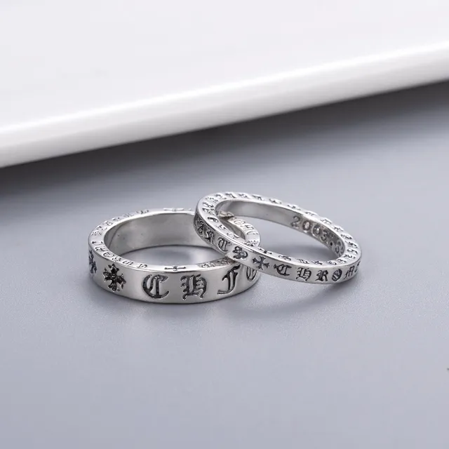 Chrome Hearts स्क्रिप्ट बैंड क्रॉस चांदी काला उकेरा माल्टीज़ मोटिफ्स अंगूठी 6