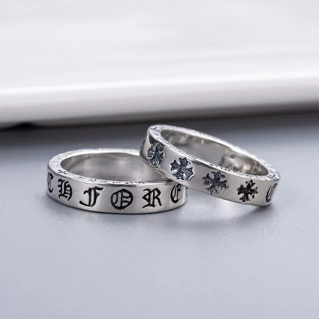 Chrome Hearts स्क्रिप्ट बैंड क्रॉस चांदी काला उकेरा माल्टीज़ मोटिफ्स अंगूठी 7