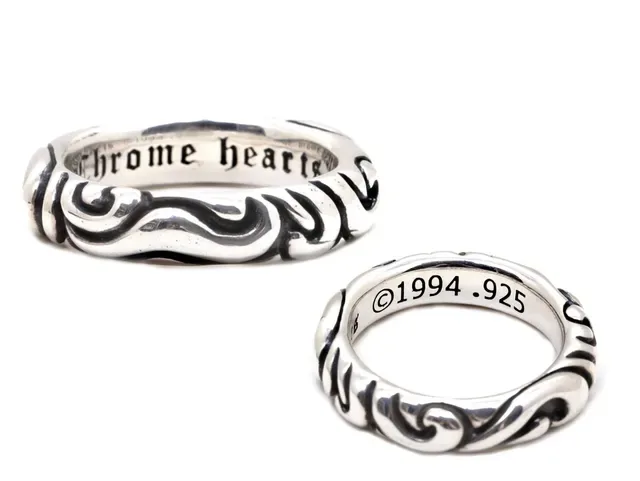 Chrome Hearts Scrollwork Ring Silver Black Engraved Gothic Script Raised Band Ring 9