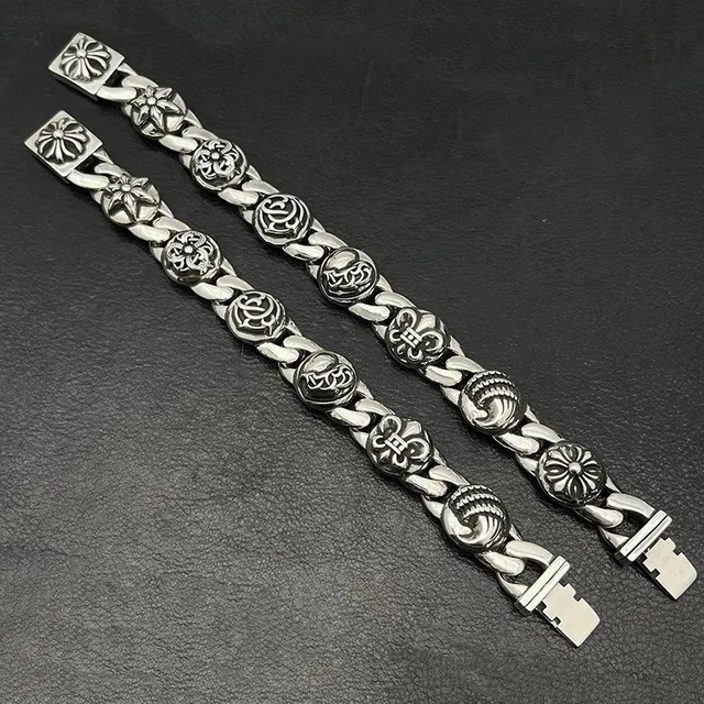 Chrome Hearts Signature Curb Link Floral Skull Bracelet 9