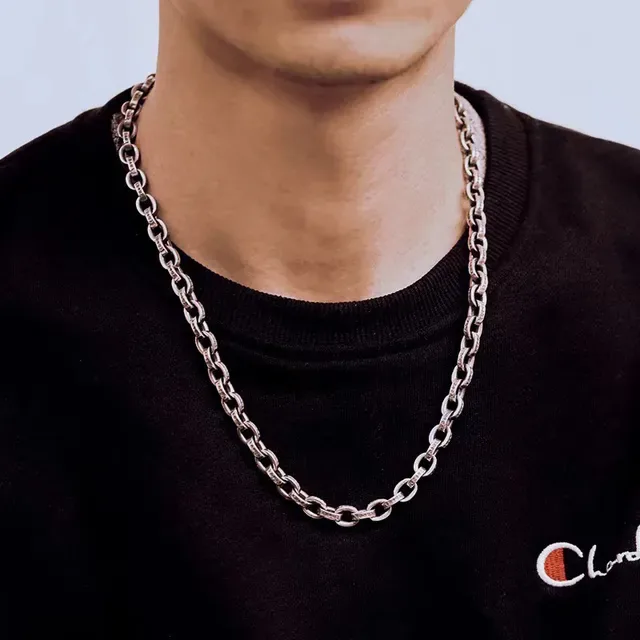 Chrome Hearts Cadena de eslabones ovalados pesados plateada negra totalmente grabada 3