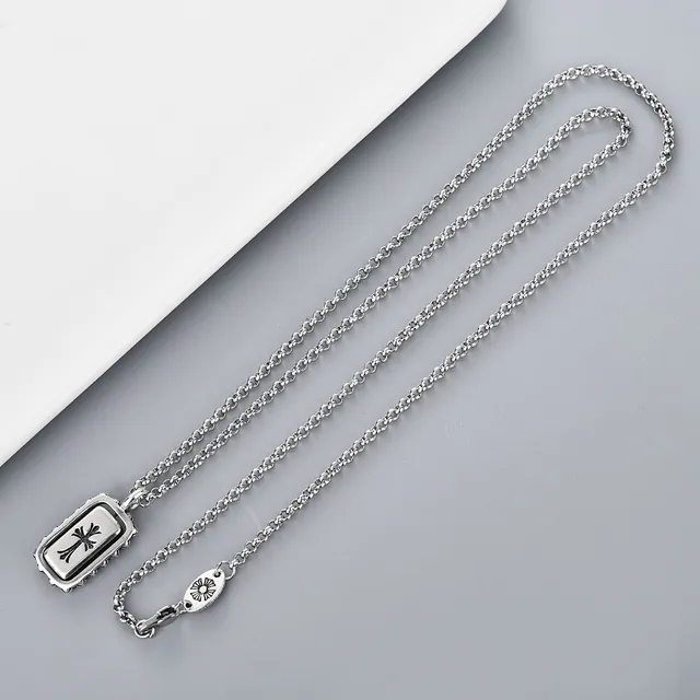Chrome Hearts Silver Black Ornate Beaded Border Raised Rectangular Frame Necklace 2