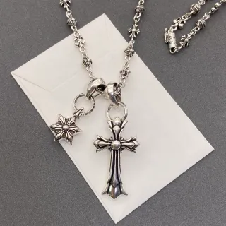Chrome Hearts Silver Fleur-De-Lis Link Chain Dual Pendant (cross And Star) Necklace