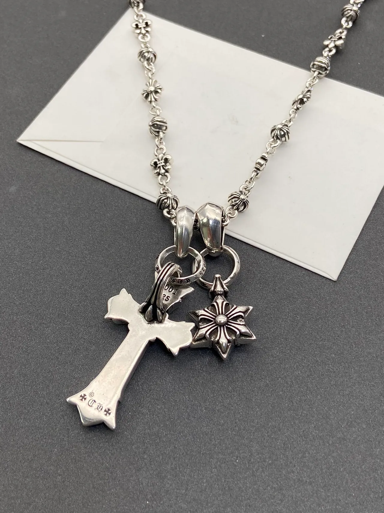 Chrome Hearts Silver Fleur-De-Lis Link Chain Dual Pendant (cross And Star) Necklace 3