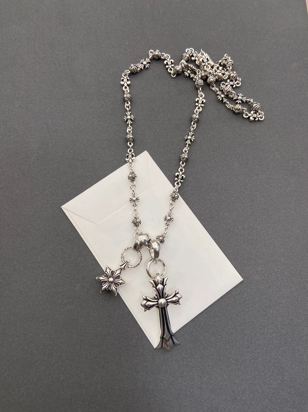 Chrome Hearts Silver Fleur-De-Lis Link Chain Dual Pendant (cross And Star) Necklace 6
